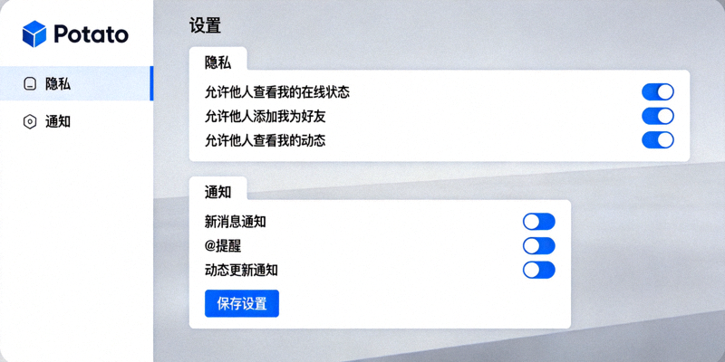 Potato 软件设置界面截图，展示隐私和通知选项