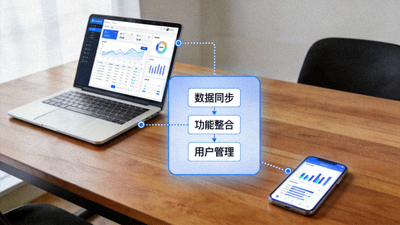 企业办公场景示意图，展示笔记本电脑、手机和流程图，代表软件整合
